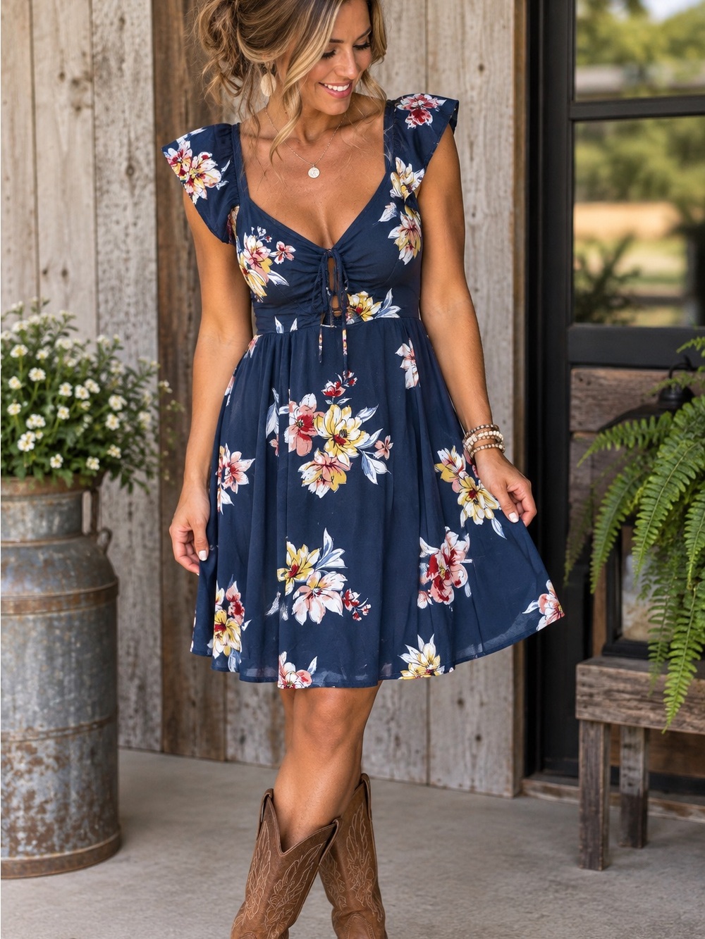Xhilaration Navy Floral Mini Dress with Tie Front
